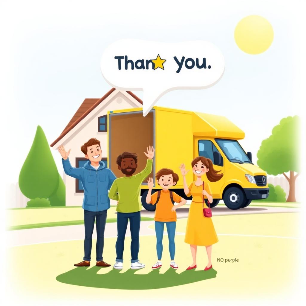 Happy cartoon family waving at a yellow moving truck after their move