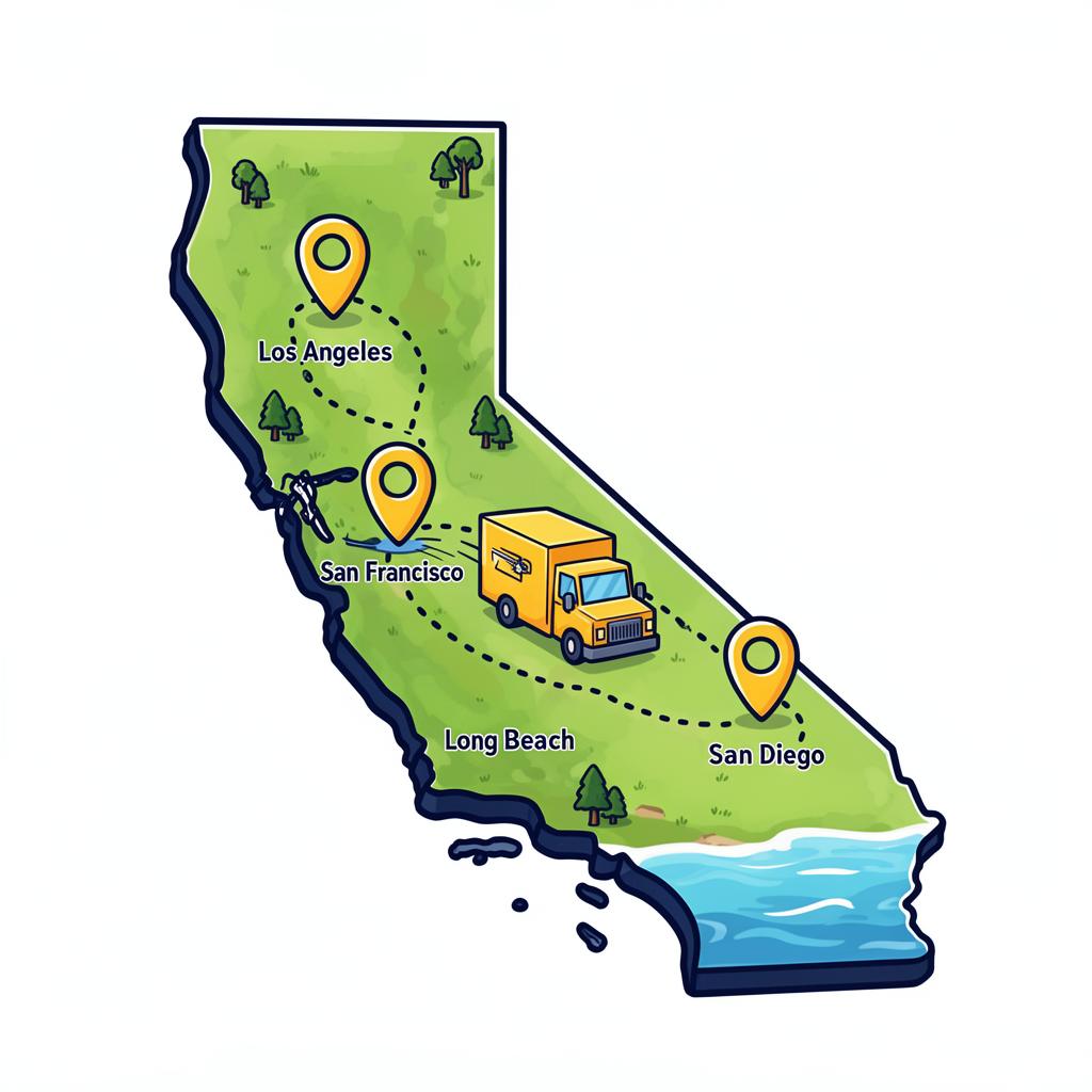 Cartoon map of California with location pins for service cities and a yellow moving truck