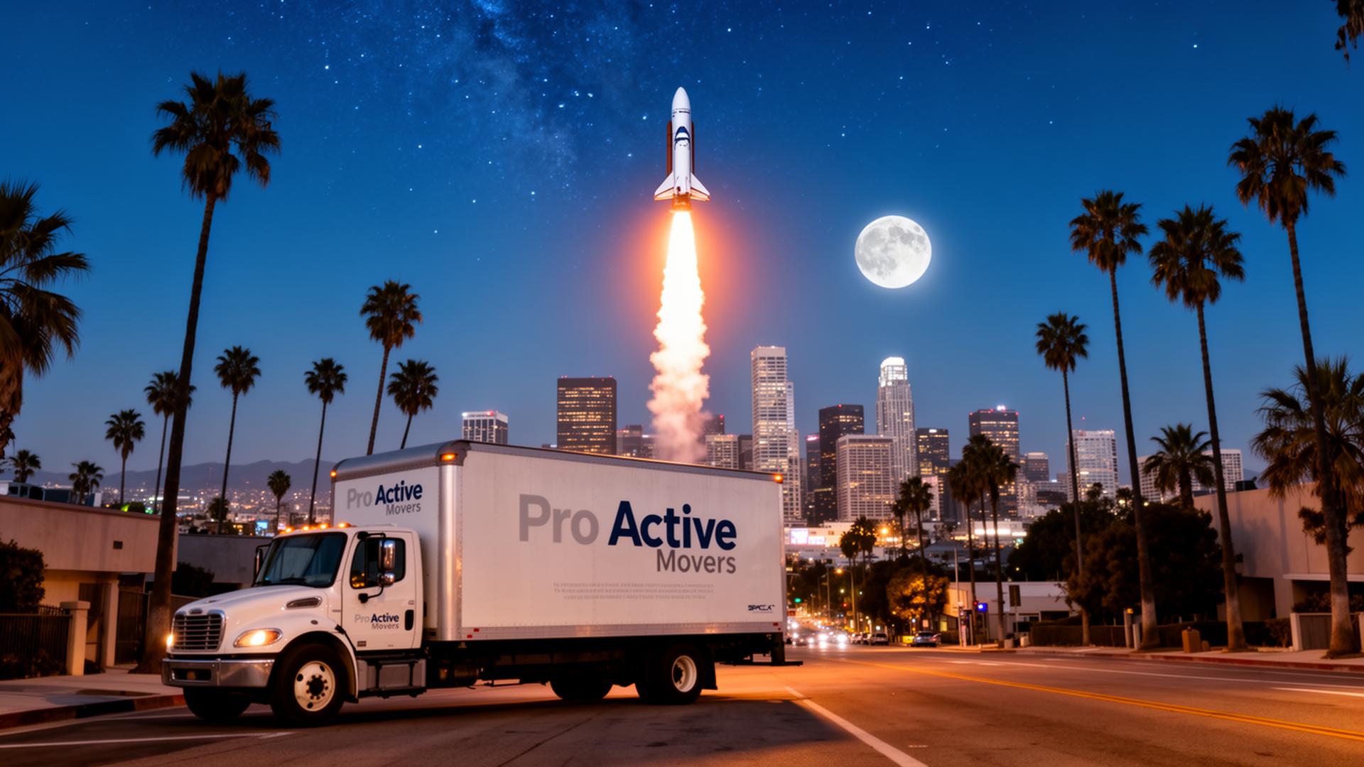ProActive Movers truck with a rocket launching over the Los Angeles skyline
